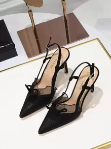 蝴蝶结装饰荷叶边尖头细高跟露跟鞋，黑色优雅高跟女鞋，后跟系带，褶裥蕾丝边设计，情人节、优雅、派对必备 - 黑色 - 查看 4
