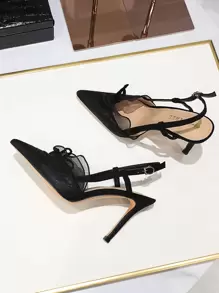 蝴蝶结装饰荷叶边尖头细高跟露跟鞋，黑色优雅高跟女鞋，后跟系带，褶裥蕾丝边设计，情人节、优雅、派对必备 - 黑色 - 查看 5