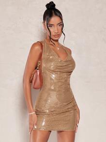 SHEIN X Antonella SHEIN BAE Draped Collar Open Back Sequin Bodycon Dress,Valentine's Day,Valentine Outfits For Women - Champagne - View 1