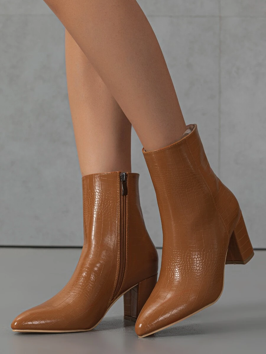 Giày bốt ngắn cổ điển đế dày đế giữa cho nữ, giày bốt da mũi nhọn có khóa kéo thời trang thu đông, giày bốt da ngắn gợi cảm, màu nâu - màu nâu - Xem 1