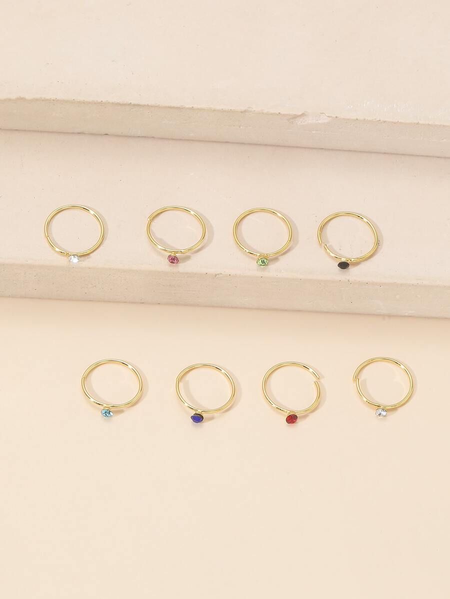 8pcs/set Rhinestone Decor Nose Ring Copper Popular Piercing Body Jewelry Gift For Women & Men - Multicolor - View 1
