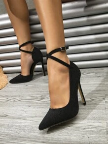 Tacones con tira cruzada de punta con tacón delgado tira tobillera - Negro - Ver 2