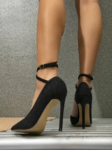 Tacones con tira cruzada de punta con tacón delgado tira tobillera - Negro - Ver 4