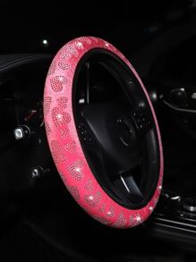 冬季闪亮心形水钻毛绒方向盘套，闪亮汽车内饰配件 - 粉色 - 查看 4