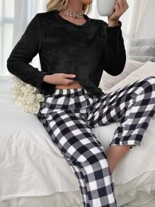 Conjunto de pijama de franela con parte superior sólida y pantalones con estampado de cuadros de búfalo, ropa de otoño e invierno - Blanco y Negro - Ver 1