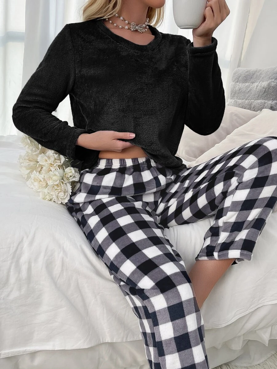 Conjunto de pijama de franela con parte superior sólida y pantalones con estampado de cuadros de búfalo, ropa de otoño e invierno - Blanco y Negro - Ver 1