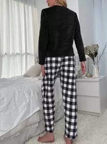 Conjunto de pijama de franela con parte superior sólida y pantalones con estampado de cuadros de búfalo, ropa de otoño e invierno - Blanco y Negro - Ver 2