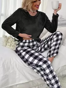 Conjunto de pijama de franela con parte superior sólida y pantalones con estampado de cuadros de búfalo, ropa de otoño e invierno - Blanco y Negro - Ver 3