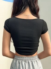 DAZY Half Button Curved Hem Crop Tee - Black - View 2