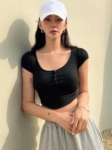DAZY Half Button Curved Hem Crop Tee - Black - View 3