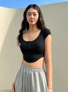 DAZY Half Button Curved Hem Crop Tee - Black - View 8