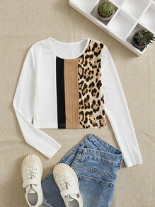 SHEIN Girls Leopard Print Colourblock Tee - Multicolor - View 1