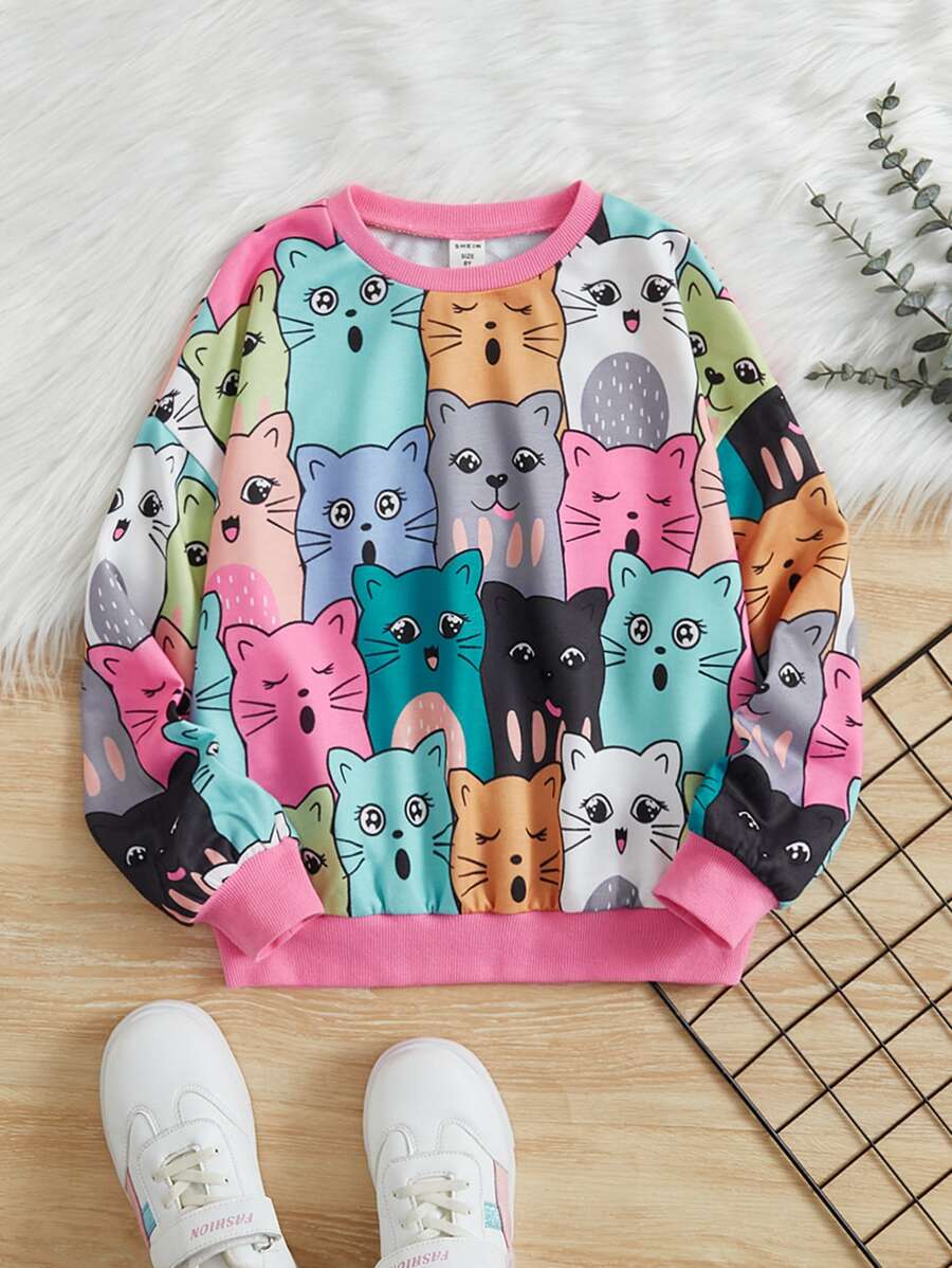 SHEIN 適合十幾歲女孩穿著的休閒鬆身款圓領可愛貓印花套頭衫 - 彩色 - 查看 1