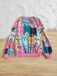 SHEIN 適合十幾歲女孩穿著的休閒鬆身款圓領可愛貓印花套頭衫 - 彩色 - 查看 2