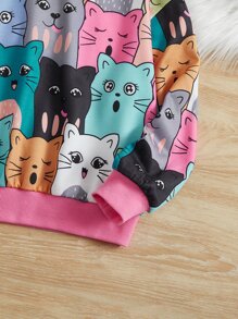 SHEIN 適合十幾歲女孩穿著的休閒鬆身款圓領可愛貓印花套頭衫 - 彩色 - 查看 4