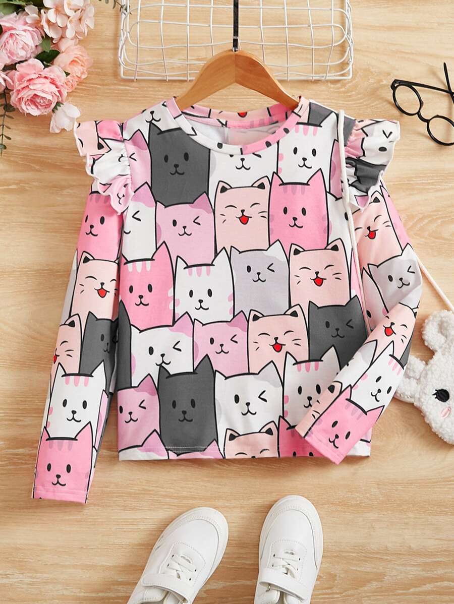 SHEIN Tween 女孩休閒針織常規圓領 T 卹,卡通貓印花荷葉邊 - 彩色 - 查看 1