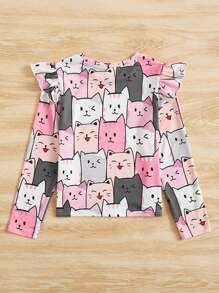 SHEIN Tween 女孩休閒針織常規圓領 T 卹,卡通貓印花荷葉邊 - 彩色 - 查看 2