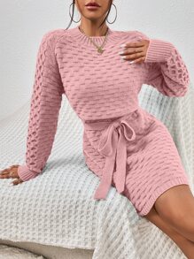 SHEIN Privé Raglan Sleeve Textured Belted Jumper Dress - Dusty Pink - View 2