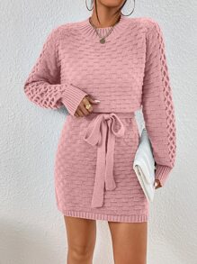 SHEIN Privé Raglan Sleeve Textured Belted Jumper Dress - Dusty Pink - View 3