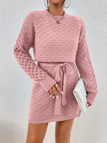 SHEIN Privé Raglan Sleeve Textured Belted Jumper Dress - Dusty Pink - View 4