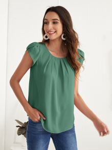 SHEIN 花瓣袖褶皺襯衫 - 綠色 - 查看 3