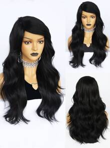 1pc Long Curly Synthetic Wig With Bangs & 1pc Wig Cap - Black - View 1