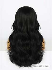 1pc Long Curly Synthetic Wig With Bangs & 1pc Wig Cap - Black - View 2