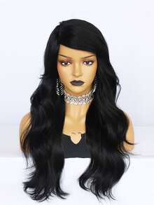 1pc Long Curly Synthetic Wig With Bangs & 1pc Wig Cap - Black - View 3
