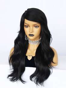 1pc Long Curly Synthetic Wig With Bangs & 1pc Wig Cap - Black - View 5