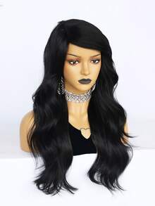 1pc Long Curly Synthetic Wig With Bangs & 1pc Wig Cap - Black - View 6