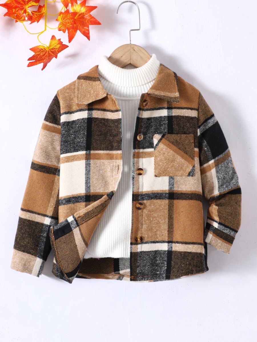 小男童格紋補丁貼口袋襯衫無毛衣