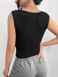 SHEIN EZwear 素色褶邊短款背心 - 黑色 - 查看 2