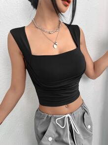 SHEIN EZwear 素色褶邊短款背心 - 黑色 - 查看 3