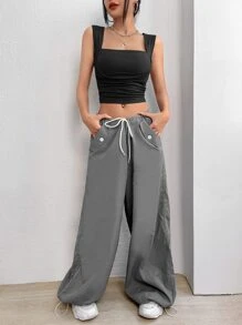 SHEIN EZwear 素色褶邊短款背心 - 黑色 - 查看 5