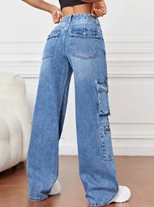 Flap Pocket Cargo Jeans - Medium Wash - View 2