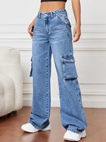 Flap Pocket Cargo Jeans - Medium Wash - View 3