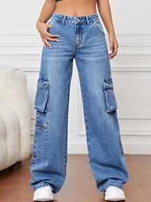 Flap Pocket Cargo Jeans - Medium Wash - View 4