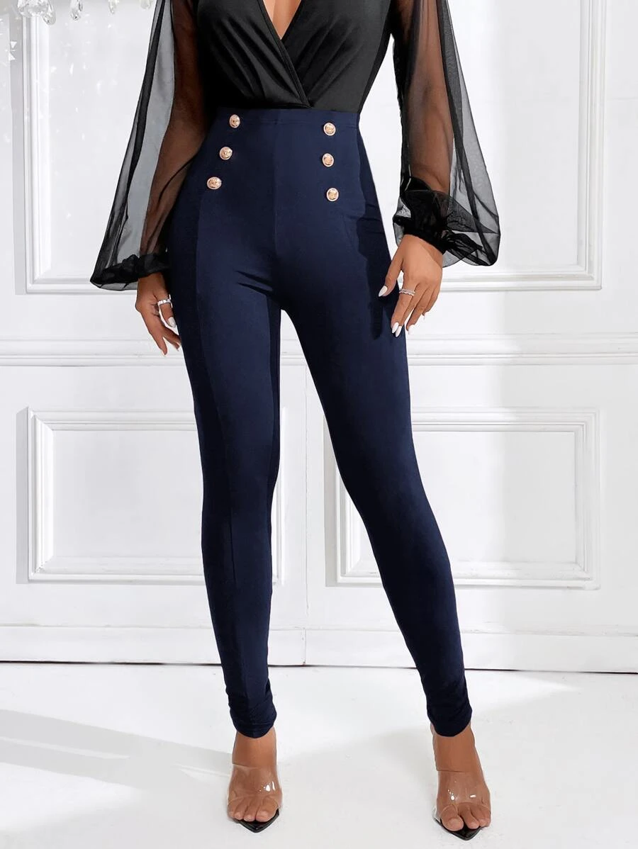 SHEIN Privé 素色紐扣細節緊身打底褲 - 藏蓝色 - 查看 1