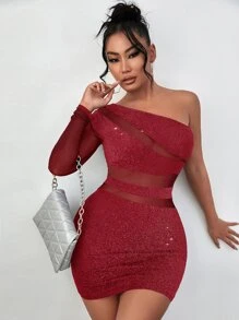 SHEIN SXY 金屬亮絲網紗拼接單肩洋裝 - 酒紅色 - 查看 1