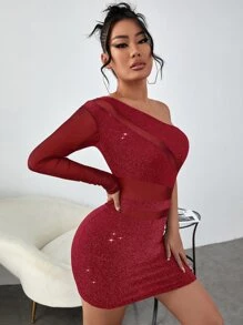 SHEIN SXY 金屬亮絲網紗拼接單肩洋裝 - 酒紅色 - 查看 5