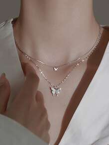 Nooxian 方晶鋯石蝴蝶吊墜多層次項鍊 - 銀色 - 查看 2