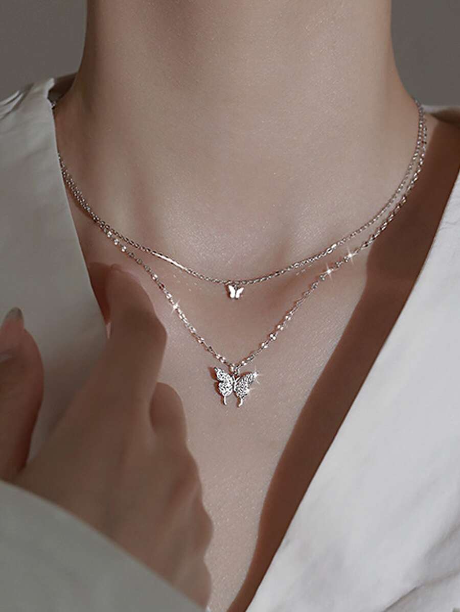 Nooxian 方晶鋯石蝴蝶吊墜多層次項鍊