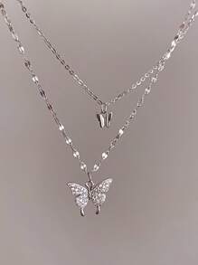 Nooxian 方晶鋯石蝴蝶吊墜多層次項鍊 - 銀色 - 查看 7