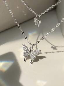 Nooxian 方晶鋯石蝴蝶吊墜多層次項鍊 - 銀色 - 查看 3