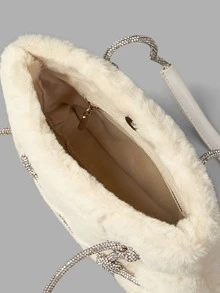 ROMWE Fairycore 水鑽裝飾毛茸茸單肩包 - 白色 - 查看 3