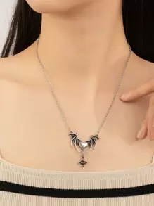 Heart Decor Bat & Cross Charm Necklace - Antique Silver - View 1