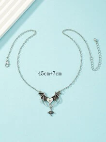 Heart Decor Bat & Cross Charm Necklace - Antique Silver - View 3