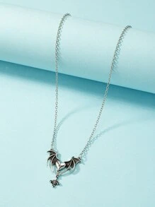 Heart Decor Bat & Cross Charm Necklace - Antique Silver - View 4