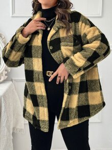 SHEIN LUNE 大碼大方格圖案落肩袖絨毛外套 - 黃色 - 查看 3