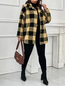 SHEIN LUNE 大碼大方格圖案落肩袖絨毛外套 - 黃色 - 查看 4